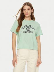 Guess Jeans T-Shirt W5RI43 K8HM0 Zielony Regular Fit. Zielone t-shirty damskie Guess Jeans, s, z aplikacjami, z bawełny, bez kołnierzyka, bez ramiączek. Za 89.99 zł.