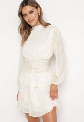 Jasnobeżowa Elegancka Sukienka z Błyszczącymi Drobinkami i Falbankami Tinaria. Brązowe sukienki damskie Born2be, l, bez wzorów, eleganckie, bez kołnierzyka, bez ramiączek, mini. Za 149.99 zł.