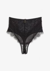 Stringi ouvert z wysoką talią. Czarne majtki damskie bonprix, z koronki. Za 59.99 zł.