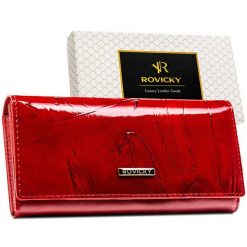 Duży lakierowany portfel damski ze skóry naturalnej i ekologicznej klasyczny poziomy na zatrzask ochrona RFID Rovicky RPN-27-YM. Brązowe portfele damskie ROVICKY, z lakierowanej skóry. Za 74.99 zł.