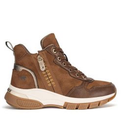 Botki Mustang. Brązowe botki damskie Mustang, bez wzorów, bez obcasa, na płaskiej podeszwie, bez zapięcia. Za 349.99 zł.
