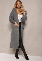 Ciemnoszary Długi Kardigan Oversize Angellona. Szare kardigany damskie Renee, bez wzorów, bez kołnierzyka. Za 84.99 zł.