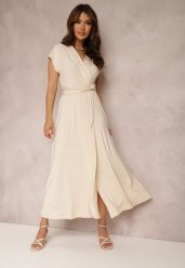 Jasnobeżowa Sukienka Kopertowa Appephone. Brązowe sukienki damskie Renee, l, bez wzorów, z tkaniny, glamour, bez kołnierzyka, bez ramiączek, maxi, dopasowane. Za 99.99 zł.