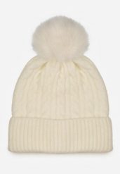 Jasnobeżowa Czapka w Warkoczowy Splot z Pomponem Vetisare. Brązowe czapki damskie Born2be, bez wzorów, z dzianiny. Za 34.99 zł.