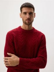 Wełniany sweter z warkoczowym splotem - czerwony. Czerwone swetry męskie Reserved, l, bez wzorów, z dzianiny, bez kołnierzyka, bez ramiączek. Za 239.99 zł.