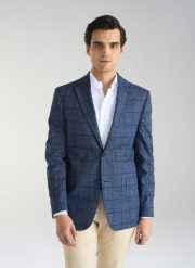 PAKO LORENTE – Granatowa marynarka męska w kratkę. Garnitury męskie Pako Lorente, m, bez wzorów, z bawełny, casualowe, bez kołnierzyka, bez ramiączek. Za 499.99 zł.