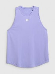 4F Top treningowy regular szybkoschnący damski - fioletowy L. Fioletowe topy damskie 4F, l, bez wzorów, z materiału, bez kołnierzyka, bez ramiączek. Za 79.99 zł.