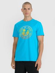 4F T-shirt regular z nadrukiem męski - niebieski S. Niebieskie t-shirty męskie 4F, m, bez wzorów, z bawełny, bez kołnierzyka, bez ramiączek. Za 69.99 zł.