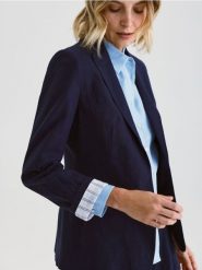 Marynarka z lnem - granatowy. Niebieskie marynarki i żakiety damskie Reserved, bez wzorów, z tkaniny, bez kołnierzyka, bez ramiączek. W wyprzedaży za 159.99 zł.