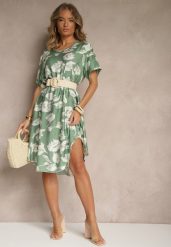 Ciemnozielona Sukienka Pudełkowa z Wiskozy w Kwiaty Aranolia. Zielone sukienki damskie Renee, na co dzień, xl, bez wzorów, z jeansu, eleganckie, bez kołnierzyka, bez ramiączek, midi, proste. Za 69.99 zł.