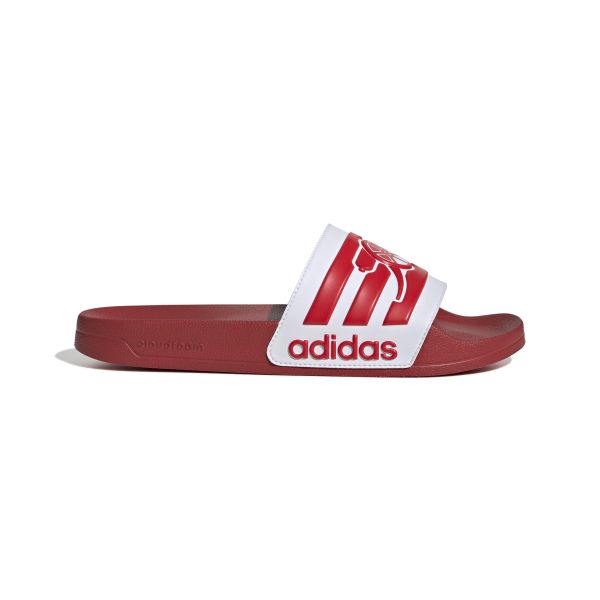 Klapki adilette Arsenal 2025/26. Czerwone klapki damskie Adidas, bez wzorów, z materiału, bez zapięcia. Za 140.50 zł.