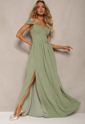 Jasnozielona Elegancka Długa Sukienka Hiszpanka Wykończona Rozcięciem na Dole Idelia. Zielone sukienki damskie Renee, na lato, l, bez wzorów, z materiału, eleganckie, bez kołnierzyka, bez ramiączek, maxi. Za 149.99 zł.