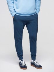 Spodnie męskie dresowe ze ściągaczem przy nogawce BASIC jogger - granatowe V4. Niebieskie spodnie sportowe męskie Ombre Clothing, m, z aplikacjami, z bawełny, trekkingowe. W wyprzedaży za 118.99 zł.