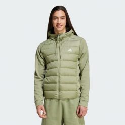 Kurtka Essentials Hybrid Dow Hooded. Czarne kurtki męskie Adidas, s, bez wzorów, z materiału, sportowe, bez kaptura. W wyprzedaży za 441.00 zł.