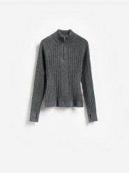 Sweter z zapięciem na zamek - szary. Szare swetry nierozpinane damskie Reserved, l, bez wzorów, z dzianiny, bez kołnierzyka, bez ramiączek. Za 129.99 zł.