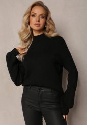 Czarny Gładki Sweter Golf ze Ściągaczami Germifa. Czarne swetry nierozpinane damskie Renee, bez wzorów, z jeansu, eleganckie, bez kołnierzyka, bez ramiączek. Za 99.99 zł.