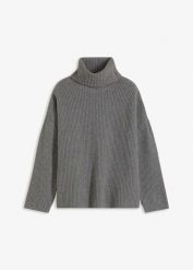 Prążkowany sweter z golfem. Szare swetry nierozpinane damskie bonprix, bez wzorów, prążkowane, bez kołnierzyka, bez ramiączek. Za 114.99 zł.