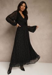 Czarna Rozkloszowana Sukienka z Siateczki w Kwiatowy Wzór Fezuna. Czarne sukienki damskie Renee, plus size, bez wzorów, z materiału, bez kołnierzyka, plus size, bez ramiączek, maxi, rozkloszowane. Za 189.99 zł.