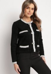 Czarny Wiskozowy Kardigan z Ozdobną Lamówką i Kolorowymi Guzikami Pelini. Czarne kardigany damskie Born2be, bez wzorów, z wiskozy, eleganckie, bez kołnierzyka. Za 84.99 zł.