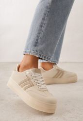 Beżowe Sneakersy Kultowe Tenisówki na Platformie Hlalna. Brązowe trampki i tenisówki damskie Born2be, bez wzorów, z jeansu, bez zapięcia. Za 99.99 zł.