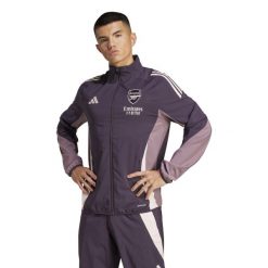 Kurtka prezentacyjna Arsenal Tiro 2024/25. Fioletowe kurtki męskie Adidas, bez wzorów, sportowe, bez kaptura. W wyprzedaży za 290.90 zł.