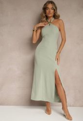 Jasnozielona Sukienka z Wiskozą z Dekoltem Halter i Ozdobną Broszką Naliannae. Zielone sukienki damskie Renee, na imprezę, l, bez wzorów, z wiskozy, eleganckie, bez kołnierzyka, bez ramiączek, maxi. Za 49.99 zł.