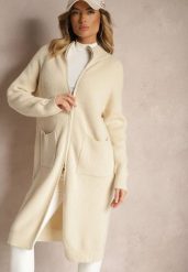 Jasnobeżowy Długi Kardigan o Prostym Kroju ze Stójką z Domieszką Wełny i Zapięciem na Suwak Bonitana. Brązowe kardigany damskie Renee, bez wzorów, z jeansu, eleganckie, bez kołnierzyka. Za 119.99 zł.