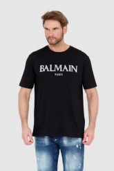 BALMAIN Czarny męski t-shirt z wypukłym gumowym logo. Czarne t-shirty męskie Balmain, l, bez wzorów, z gumy, bez kołnierzyka, bez ramiączek. W wyprzedaży za 1,699.99 zł.