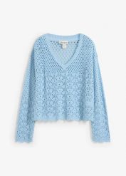 Lekki sweter ażurowy. Brązowe swetry nierozpinane damskie bonprix, w ażurowe wzory, z dzianiny, bez kołnierzyka, bez ramiączek. Za 92.99 zł.