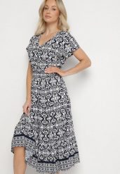 Granatowa Bawełniana Sukienka Rozkloszowana we Wzór Paisley Lanadira. Niebieskie sukienki damskie Born2be, l, bez wzorów, z bawełny, boho, bez kołnierzyka, bez ramiączek, midi, rozkloszowane. Za 44.99 zł.