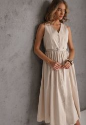 Beżowa Rozkloszowana Sukienka z Bawełną i Wiskozą Ozdobiona Paskiem Amalis. Brązowe sukienki damskie Renee, do pracy, l, bez wzorów, z bawełny, biznesowe, bez kołnierzyka, bez ramiączek, maxi, rozkloszowane. Za 159.99 zł.