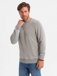 Washowana bluza męska z ozdobnym przeszyciem przy dekolcie - beżowa V2 OM-SSDS-0131 - XXL. Brązowe bluzy męskie Ombre Clothing, l, bez wzorów, z bawełny, bez ramiączek, bez kaptura. W wyprzedaży za 69.99 zł.