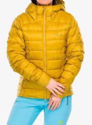 Kurtka puchowa damska Rab Electron Pro Jacket. Żółte kurtki sportowe damskie RAB, na zimę, l, bez wzorów, z materiału, bez ramiączek, bez kaptura, narciarskie. Za 885.49 zł.