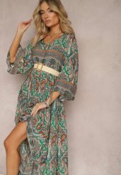 Zielona Rozkloszowana Sukienka we Wzór Paisley z Rękawem 3/4 Briarwa. Zielone sukienki damskie Renee, l, bez wzorów, eleganckie, bez kołnierzyka, bez ramiączek, maxi, rozkloszowane. Za 69.99 zł.