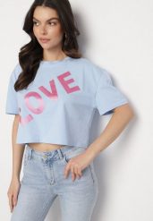 Niebieski Bawełniany T-shirt Oversize o Krótkim Kroju z Napisem Sannelia. Niebieskie t-shirty damskie Born2be, m, bez wzorów, z bawełny, bez kołnierzyka, bez ramiączek. Za 34.99 zł.