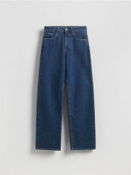Jeansy wide leg - granatowy. Niebieskie jeansy damskie Reserved, bez wzorów, z bawełny, z podwyższonym stanem. Za 139.99 zł.