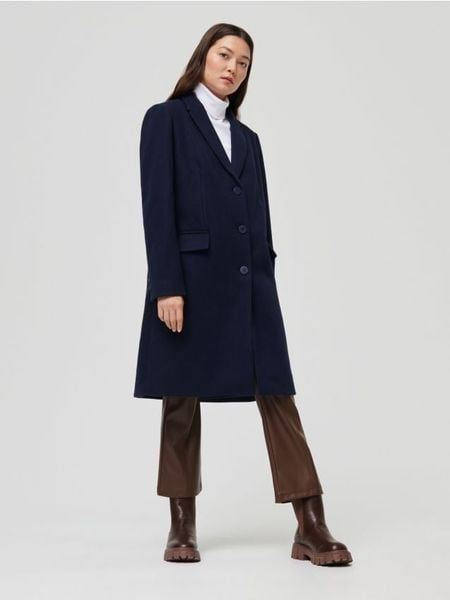 Długi płaszcz z domieszką wełny - granatowy. Niebieskie płaszcze damskie Sinsay, l, bez wzorów, z wełny, bez kołnierzyka, bez kaptura. Za 139.99 zł.