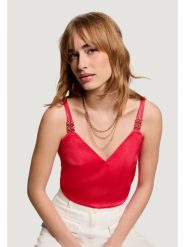 Morgan Top 242-OLAFI Koralowy Regular Fit. Pomarańczowe topy damskie Morgan, bez wzorów, z syntetyku, bez kołnierzyka, bez ramiączek. Za 179.99 zł.