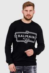BALMAIN Czarny sweter męski z wełny merino. Czarne swetry męskie Balmain, l, bez wzorów, prążkowane, bez kołnierzyka, bez ramiączek. W wyprzedaży za 1,999.99 zł.