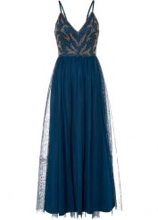 Sukienka na ramiączkach z aplikacją z perełek. Niebieskie sukienki damskie bonprix, z aplikacjami, z tiulu, eleganckie, bez kołnierzyka, bez ramiączek. Za 299.99 zł.