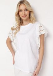 Biała Bawełniana Bluzka z Ozdobnymi Rękawami Narfia. Białe bluzki damskie Born2be, xl, bez wzorów, z bawełny, bez kołnierzyka, bez ramiączek. Za 59.99 zł.