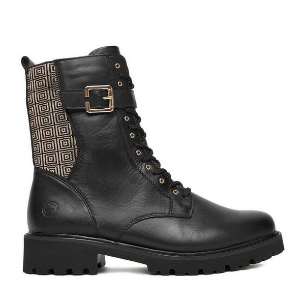 Trzewiki Remonte. Czarne botki damskie Remonte, bez wzorów, bez obcasa, na płaskiej podeszwie, bez zapięcia. Za 399.99 zł.