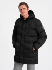 Długa zimowa kurtka męska pikowana o satynowym wykończeniu - czarna V3 OM-JALJ-0147 - L. Czarne kurtki męskie Ombre Clothing, na zimę, l, bez wzorów, z satyny, bez kaptura. W wyprzedaży za 139.99 zł.