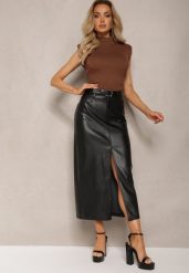 Czarna Midi Spódnica Ołówkowa z Ekoskóry z Klamrą na Pasku Agotte. Czarne spódnice damskie Renee, m, bez wzorów, eleganckie, midi, ołówkowe. Za 159.99 zł.