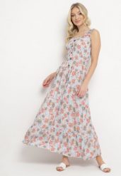 Jasnoniebieska Rozkloszowana Sukienka Bawełniana w Kwiatowy Print z Guzikami Jamallia. Niebieskie sukienki damskie Born2be, na co dzień, l, bez wzorów, z bawełny, klasyczne, bez kołnierzyka, bez ramiączek, maxi, proste. Za 74.99 zł.
