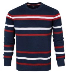 Sweter z Dzianiny Bawełnianej - w Paski - Pako Jeans - Granatowy. Niebieskie swetry męskie Pako Jeans, l, bez wzorów, z bawełny, eleganckie, bez kołnierzyka, bez ramiączek. Za 169.00 zł.