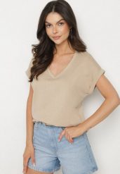 Beżowy T-shirt z Bawełny z Trójkątnym Dekoltem Lireande. Brązowe t-shirty damskie Born2be, s, bez wzorów, z bawełny, bez kołnierzyka, bez ramiączek. Za 39.99 zł.