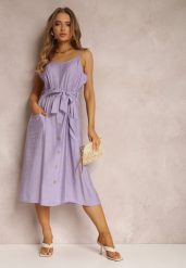 Fioletowa Sukienka Hami. Fioletowe sukienki damskie Renee, l, z aplikacjami, z materiału, eleganckie, bez kołnierzyka, bez ramiączek, midi. Za 54.99 zł.