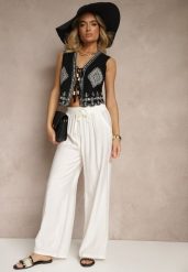 Białe Szerokie Spodnie High Waist z Wiskozy z Gumką w Talii Lannalie. Białe spodnie materiałowe damskie Renee, bez wzorów, z jeansu, eleganckie, z podwyższonym stanem. Za 49.99 zł.