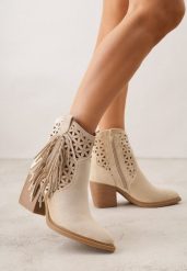 Beżowe Botki Kowbojki na Stożkowym Obcasie z Ażurowym Wzorem i Eathetina. Brązowe botki damskie Born2be, w ażurowe wzory, z jeansu, boho, bez obcasa, na obcasie, bez zapięcia. Za 159.99 zł.